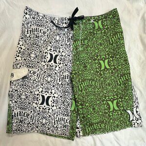 Vintage Y2K Hurley Board Shorts Swim Trunks Ornate All Over Print Green White 38